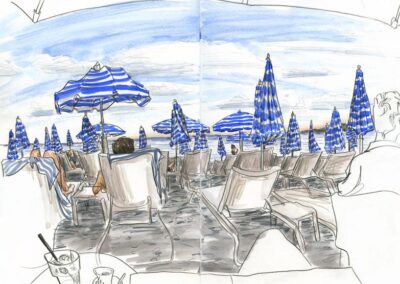 Umbrellas water color. Sketchbook journal, travel journal page by Koosje Koene from art workshop vacation in Nice, France